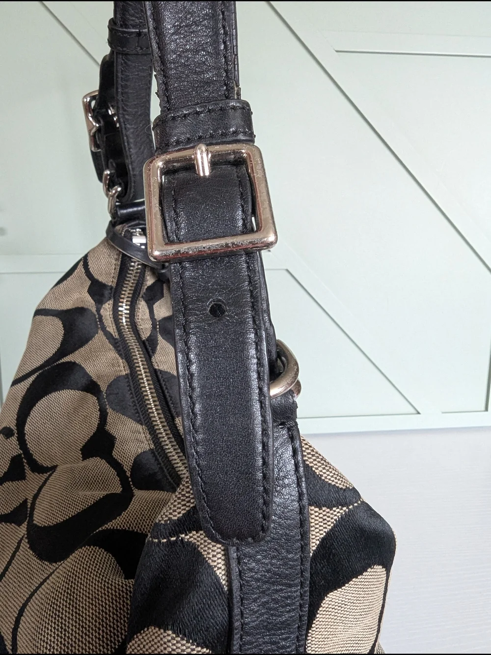 Coach Khaki and Black Signature Canvas Hobo with Tassel